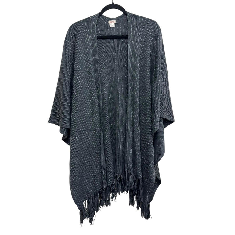 Echo Design Ruana Poncho Gray Silver Metallic Stripe Fringe Shawl Wrap One Size